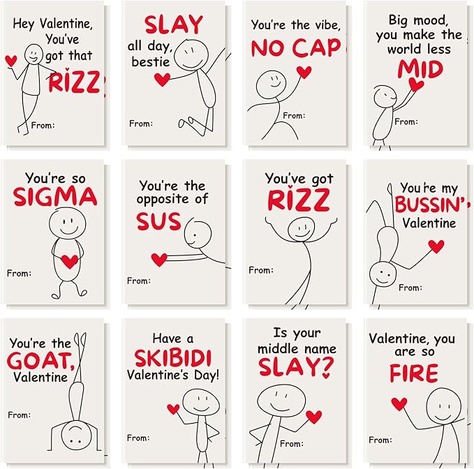 Yinder 24 Set Mini Valentines Day Cards with Envelopes Funny Slang Themed Teen Tween School Valentines Funny Valentine's Day Card Set Gift for Student Classroom School Home Friends