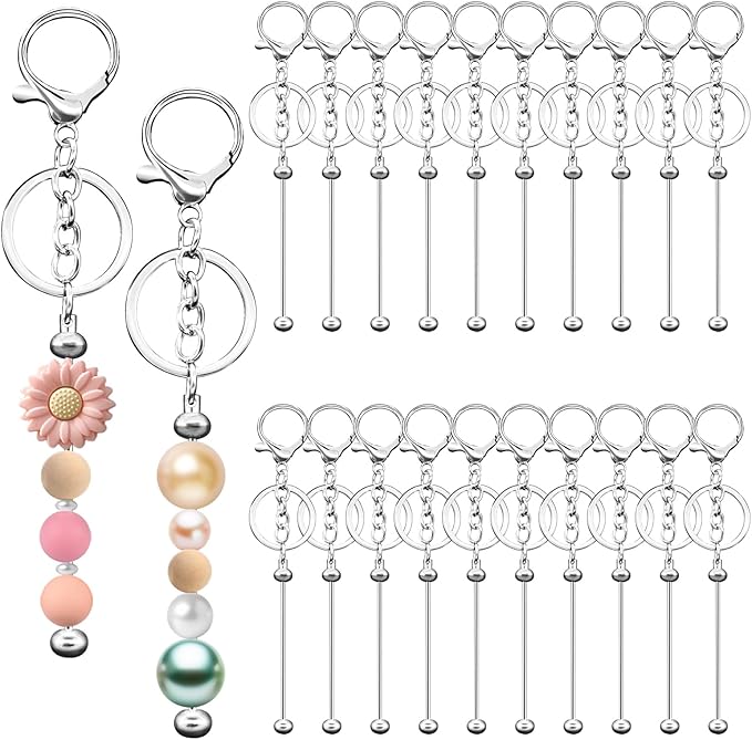 Eikovia 20 Pcs Keychain Making Kit,DIY Beadable Keychains Bulk Kit,Keychain Making Supplies for Crafts, Jewelry, Charms, DIY Projects, Blank Chain Beaded Keychains Design for Women Man,Silver