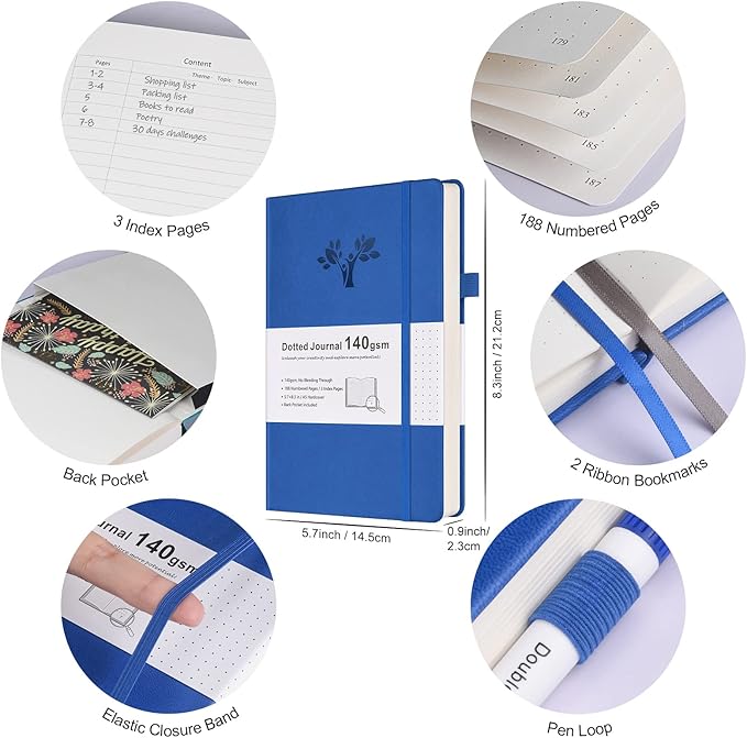 Bullet Dotted Journal Kit, 140gsm Hardcover A5 Dotted Journal with 188 Numbered Pages and 3 Index, 12 Brush Pens Dual Tip, 10 Stencils and 14 Washi Tape for Women Men Teen Girls, Navy