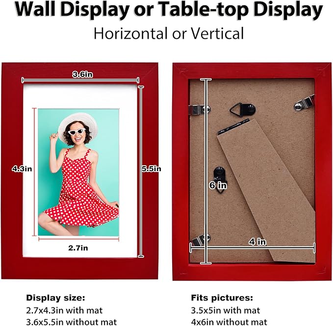 KINLINK 4x6 Frame Red, Solid Wood 4 x 6 Picture Frame with Acrylic Plexiglass for 3.5x5 with Mat, Tabletop and Wall Display Photo Frames 4x6 Red, 4 Pack