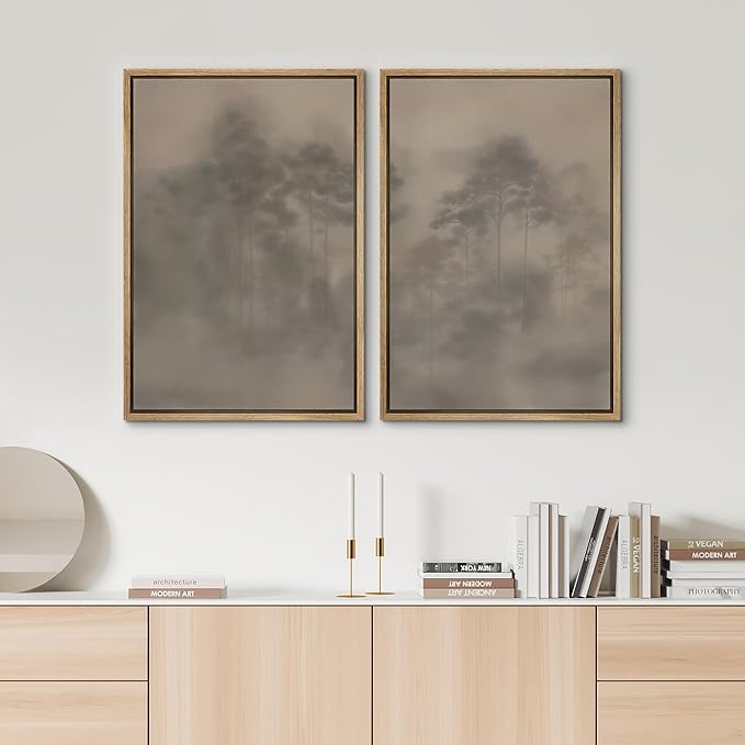 SIGNWIN Framed Canvas Print Wall Art Set Foggy Pine Forest Minimalist Monochrome Nature Illustrations Modern Art Scenic Colorful for Living Room, Bedroom, Office - 16"x24"x2 Natural