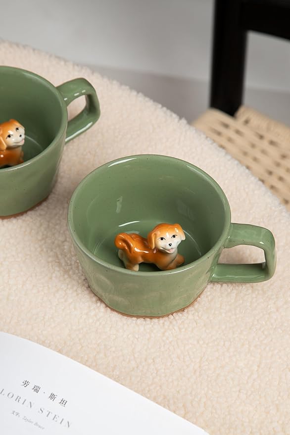 DIHOclub Farmhouse Ceramic Coffee Mug with Animal Figurine – Rustic Stoneware Cup, Matte Finish, Ideal for Breakfast & Home Decor (Green Dog)