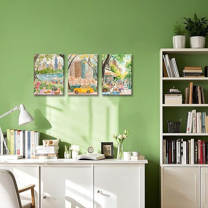 XLARTMY New York City Poster Travel Wall Art Canvas Framed Watercolor NYC Central Park Landmarks Artwork Decor Painting Prints Pictures Set of 3 for Bedroom Living Room Bathroom Office 12x16in