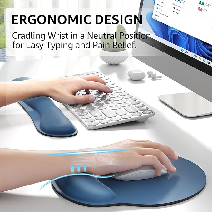 KTRIO Ergonomic Keyboard Wrist Rest, Memory Foam Mouse Pad with Wrist Rest for Computer Keyboard, Mouse Pad Set for Easy Typing & Pain Relief for Office & Home, Navy Blue