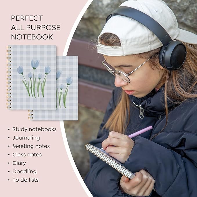 VONTP Blue Tulip Floral Spiral Notebook, Preppy Tulip Flower Aesthetic Journal, Blue Checkered Floral College Ruled Notebook Journal for Writing, 5.5x8.3