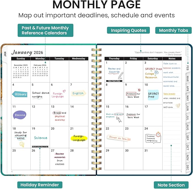 2026 Planner, Monthly and Weekly Calendar Planner for Women, Jan 2026 - Dec 2026, Hardcover Pretty 2026 Agenda Planner Book with Tabs, Spiral Bound, Perfect for School Office Home Supplies, 8.5" x 11" - Emerald Shores
