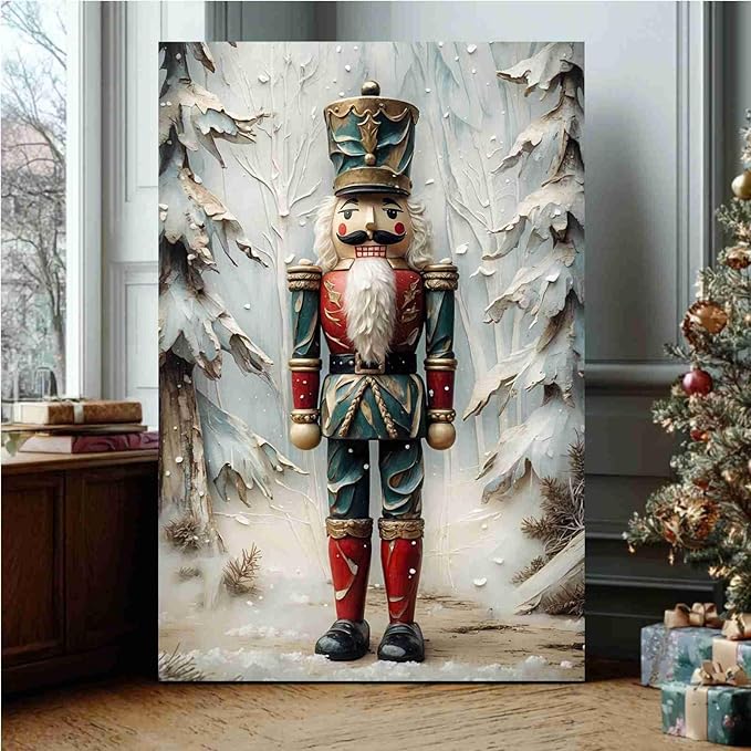 Nutcracker Christmas Art Print Vintage Holiday Decor Winter Nutcracker Wall Art Vintage Toy Soldier Print Festive Winter Poster Indoor Decor for Home Offices Living Room Bedroom Framed Ready to Hang