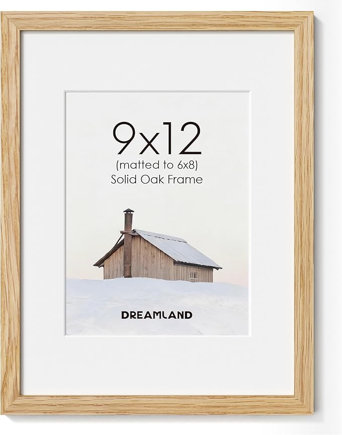 Dreamland Picture Frame 9x12, Solid Oak Wood Photo Frame with Mat for 6x8, 9 x 12 Matted Picture Frames with Resistant Plexiglass for Wall Art Photo and Prints, Oak Color, Set of 1