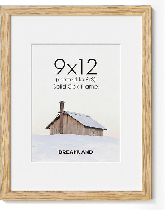 Dreamland Picture Frame 9x12, Solid Oak Wood Photo Frame with Mat for 6x8, 9 x 12 Matted Picture Frames with Resistant Plexiglass for Wall Art Photo and Prints, Oak Color, Set of 1