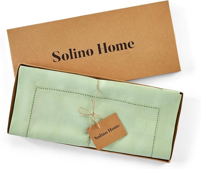 Solino Home Linen Hemstitch Table Runner 108 Inches Long - 100% Pure Linen Light Green Table Runner 14 x 108 Inch for Spring, St Patricks Day, Easter - Classic Hemstitch