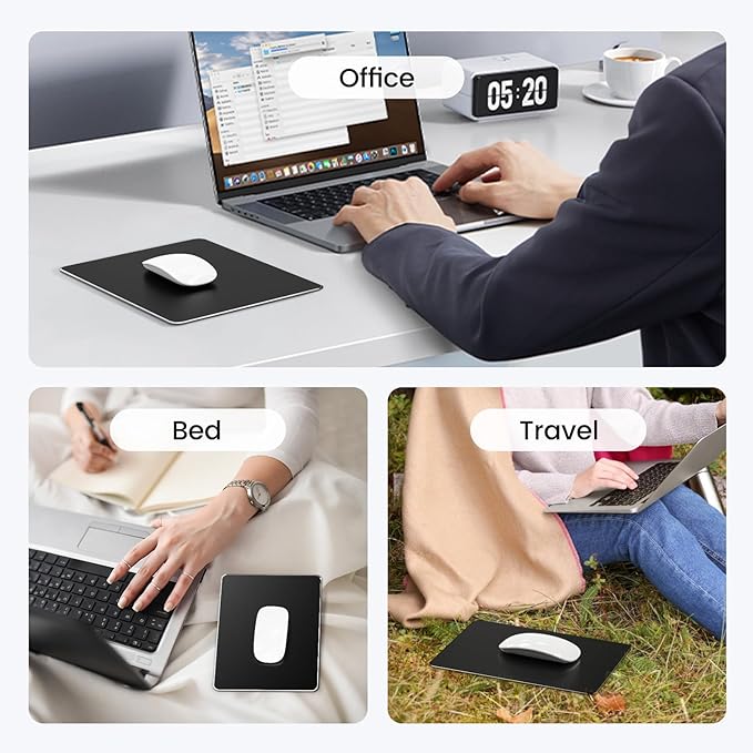 HONKID Hard Metal Mouse Pad for Desk, Aluminum Solid Mouse Pad for Magic Mouse and Pro/Air with Stable Rubber Base, Firm Mousepad for Travel and Home Office (Black)