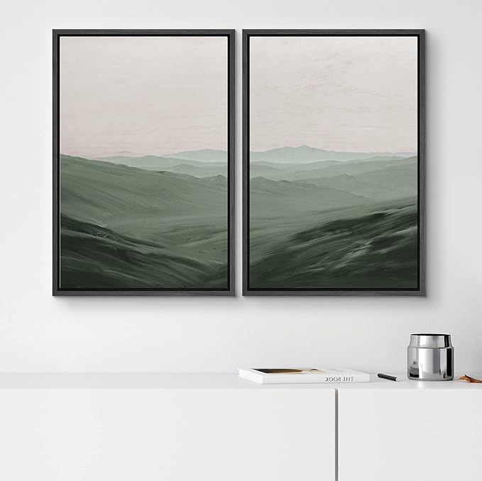 SIGNWIN Framed Canvas Print Wall Art Set Watercolor Green Mountain Valley View Nature Wilderness Illustrations Fine Art Farmhouse/Country Minimal for Living Room, Bedroom, Office - 16"x24"x2 Black