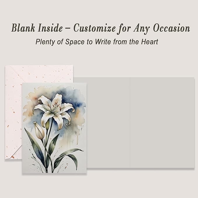 5x7 Blank Inside Greeting Card with Envelope, Watercolor Lily Greeting Card for All Occasions – Birthday, Sympathy, Thank You, Wedding - Single Card
