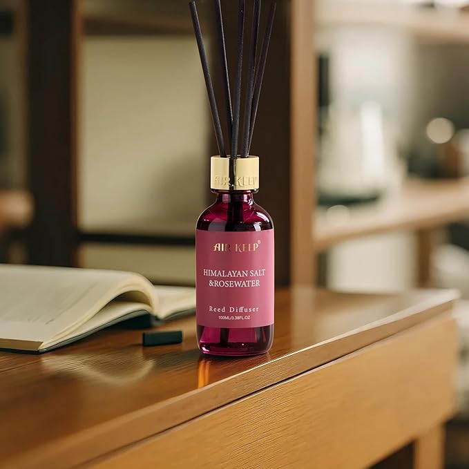 Airkeep Reed Diffuser Set, 3.38 fl oz (100 ml) - Himalayan Sali&Rosewater Oil Diffusers with 8 Reed Sticks, Home Fragrance Reed Diffuser for Bathroom Shelf Decor