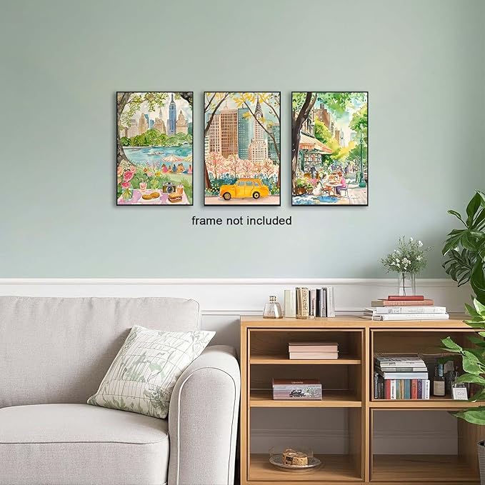 XLARTMY New York City Poster Travel Wall Art Canvas Watercolor NYC Central Park Landmarks Artwork Decor Painting Prints Pictures Set of 3 for Bedroom Living Room Bathroom Office 16x24in Unframed