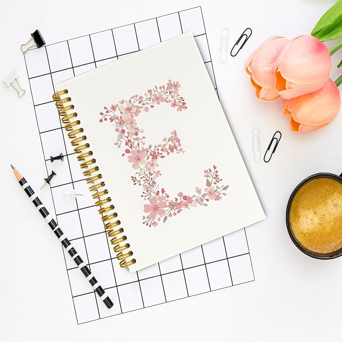 Pink Cute Spiral Notebook Journal, Preppy Floral Initial Letter E Personalized Journaling Notebooks, Monogrammed Gifts for Women Girls, Botanical Hardcover Spiral Lined Notebook 5.5 x 8.3