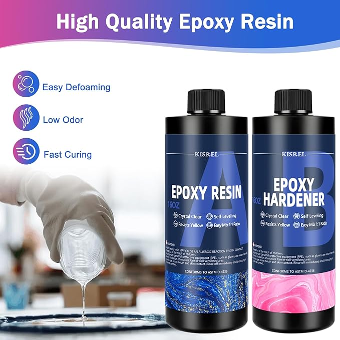 KISREL Epoxy Resin Kit for Beginners, 32oz Resin Kit with Coaster Molds, Complete Accessories Include Pigment, Mica Powders, Dried Flowers, Glitter, Measuring Cups and Other Resina Supplie