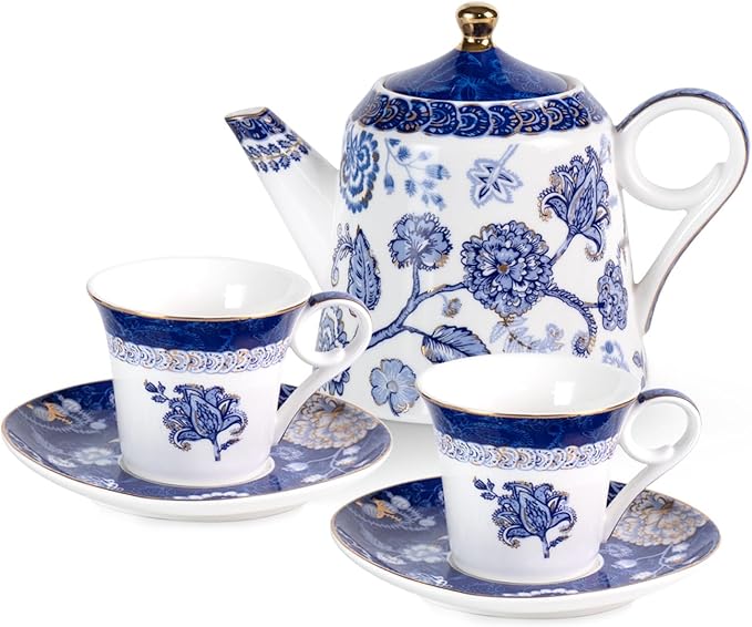 Tea Set for Adults Ceramic Tea Pots and Tea Cup Set, Royal Blue Tea Cups and Saucers Set for Afternoon Tea, Party, Home, Office, Porcelain Chinese Gong Fu Tea Set with Gold Rim (Navy Gold Seal)