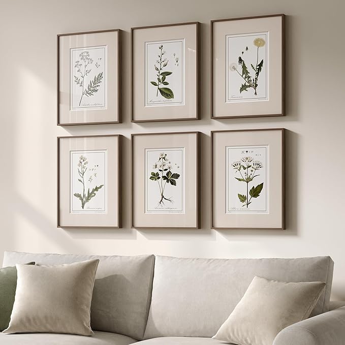 Framed Vintage Botanical Wall Art for Living Room, 6 Piece Rustic Floral Canvas Painting Prints Artwork for Kitchen Walls, Neutral Flower Pictures for Bedroom Dining Room Farmhouse Wall Decor, 11x14