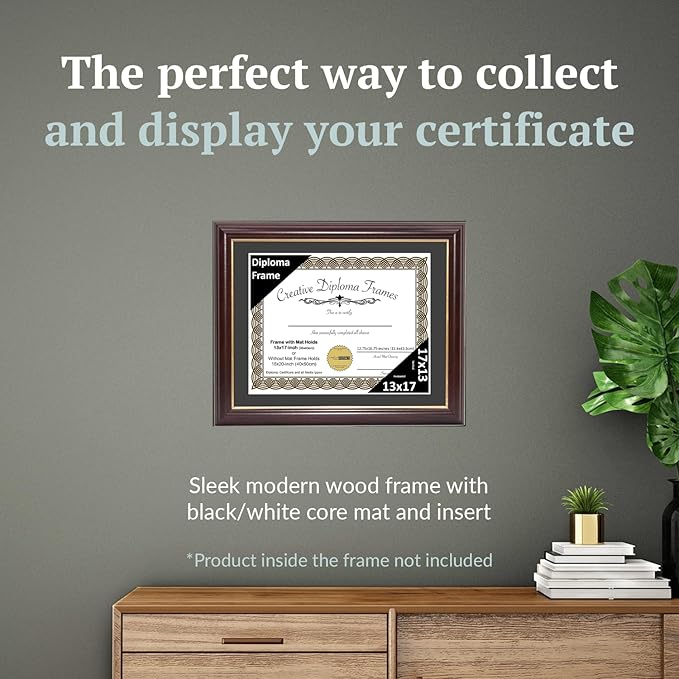 Creative Picture Frames 13x17 Mahogany Gold Rim Diploma Frame with Black Mat Glass and Installed Wall Hangers | Frame Holds 16x20 Media without Mat