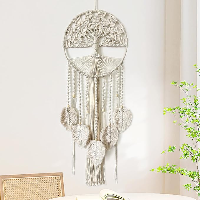 Large Tree of Life Dream Catchers, Macrame Wall Hanging Boho Handmade Woven Dream Catcher Macrame Wall Decor Art for Adults Boys Girls Bedroom Wedding Party Decor, Festival Blessing Gift（Light Beige）