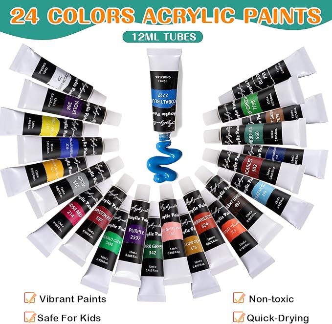 koseibal Acrylic Art Set with 24 Acrylic Paints, 8 DIY Wooden Stencils 5 Canvas Panels 8 Brushes, Table Easel, Etc, Painting Supplies Kit for Kids Students Artists and Beginner