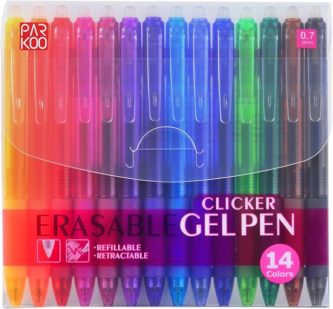 ParKoo Retractable Erasable Gel Pens Clicker 14 Colors, Fine Point 0.7mm, Make Mistakes Disappear, Comfort Grip for Writing Drawing Planners and School Supplies