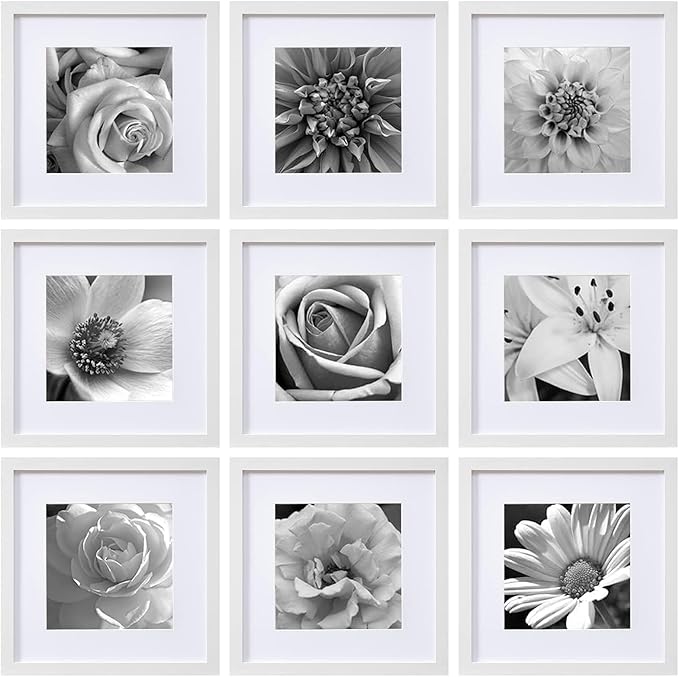 eletecpro 12x12 Picture Frames Set of 9 with Mat for 8x8 Photos or without Mat for 12x12, Square Gallery Wall Decor Collage for Picture Display, White Frame Set for Wall Hanging