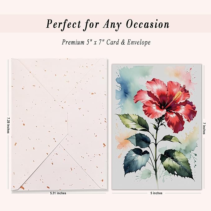 Elegant Blank Inside Greeting Card with Envelope, 5x7 Inch Watercolor Hibiscus Card – All Occasion, Birthday, Sympathy, Thank You - Single Card