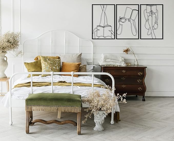 Set of 3 Bookish Metal One Line Art, Woman Reading Book, Minimal Artwork, Feminine Art, Aesthetic Room Decor, Book Lover Art, Above Bed Decor, Home Decor (White, 31.5 x 64.3” / 80 x 163.3 cm (total size))