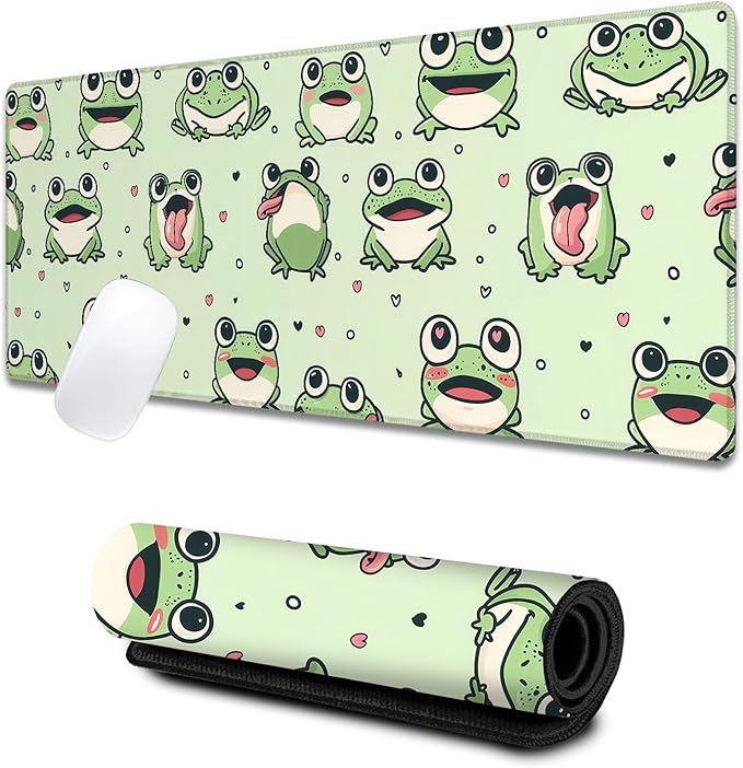Cute Cartoon Frog Large Gaming Desk Mat,Rubber Non-Slip Adorable Fun Green Mouse Pad,31.5x11.8x0.12in Extended Animal Mousepad,Game Lover Mice Pads Gifts,Office Home Deskmat Decor
