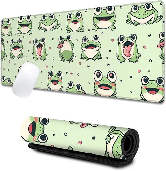 Cute Cartoon Frog Large Gaming Desk Mat,Rubber Non-Slip Adorable Fun Green Mouse Pad,31.5x11.8x0.12in Extended Animal Mousepad,Game Lover Mice Pads Gifts,Office Home Deskmat Decor