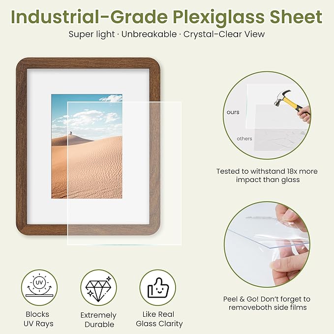 Dreamland 8x10 Picture Frame Set of 3, Solid Oak Wood Photo Frame with Mat for 5x7, Round Corner 8 x 10 Matted Picture Frames with Resistant Plexiglass for Wall Mounting or Tabletop, Walnut Color