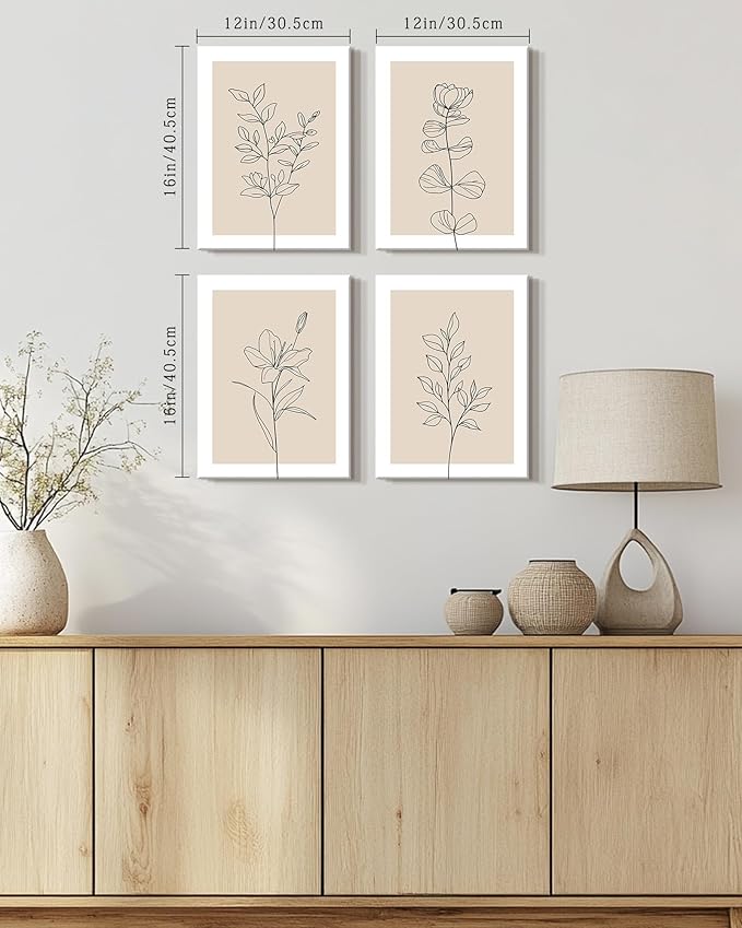 Drsoum Botanical Boho Framed Wall Art Wooded Minimalist Aesthetic Flower Prints Farmhouse Retro Plants Rustic Bathroom Kitchen Home Decor Ready to Hang 12x16inx4pcs (Framed)