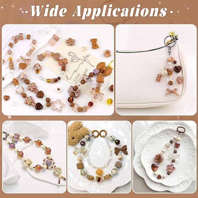200-260PCS TINKRSTUFF Assorted Acrylic Beads Brown,Cute Beads for Bracelet Making, Bow Flower Butterfly GummyBear Kawaii Charms Aesthetic Bead for Necklace Keychain Jewelry Making DIY Phone Charm