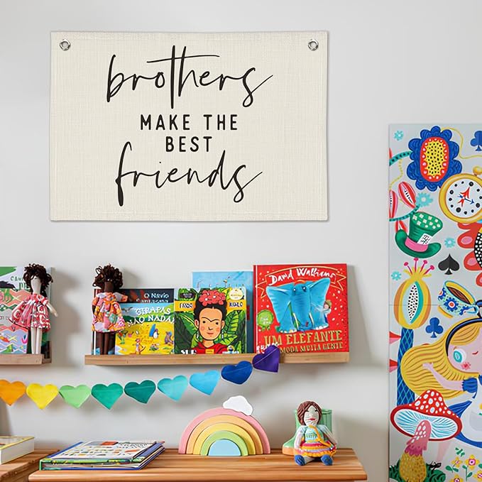 Brothers Make The Best Friends Banner - Boys Room Decor, Toddler Boy Room Decor, Linen Wall Hanging Canvas Flag for Nursery Playroom