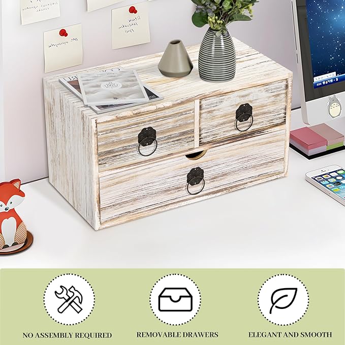 Wood Desk Organizer with Drawer, Vintage Brown Wooden Desktop Organizer, Tabletop Storage Organization Box for Countertop, Home Office Supplies (3 Drawer)