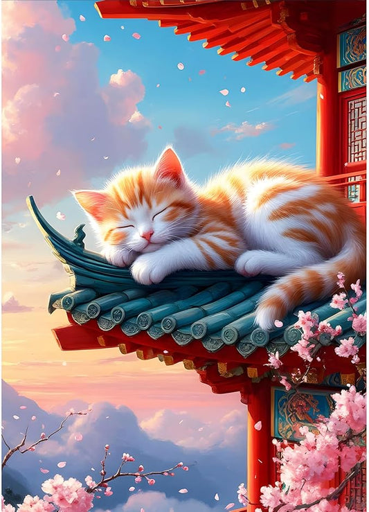 DPHERO Sleeping Cat Diamond Painting Kits for Beginners Adults,5D DIY Orange Cat Diamond Art Kits,Round Full Drill Architecture Gem Art Crafts,DIY Painting by Numbers for Home Wall Decor 12x16 inch