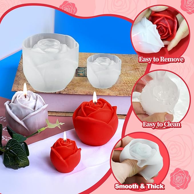 2 Pack Rose Candles Molds, Set of Large + Small 3D Flower Silicone Molds for Candles Epoxy Resin Casting Wax Soap Clay Plaster Home Décor Handmade Gift