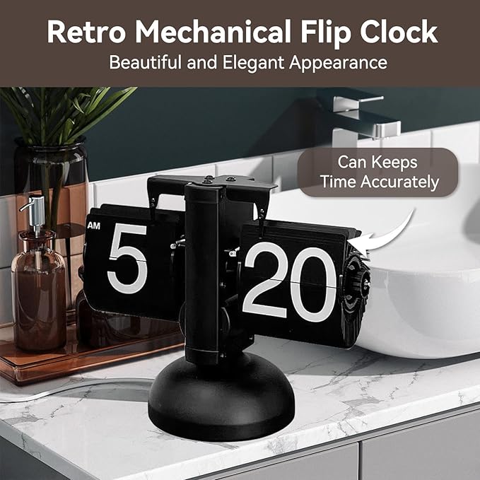 Retro Flip Clock, Flip Desk Clock Retro Digital Table Battery Powered Desk for Office Digital Wіth Internal Gear Operated (Black)