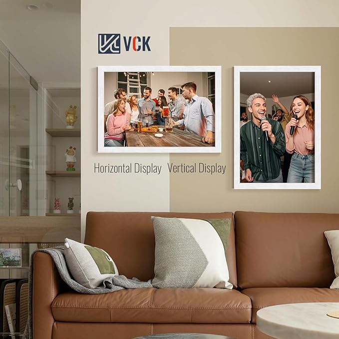 VCK 13x19 Picture Frames White Set of 5, Wide Border Wood, Tempered Glass, Display 11x17 Photo with Mat or 13 x 19 without, for Home, Office, Gallery, Woodgrain Series, Wall Hanging
