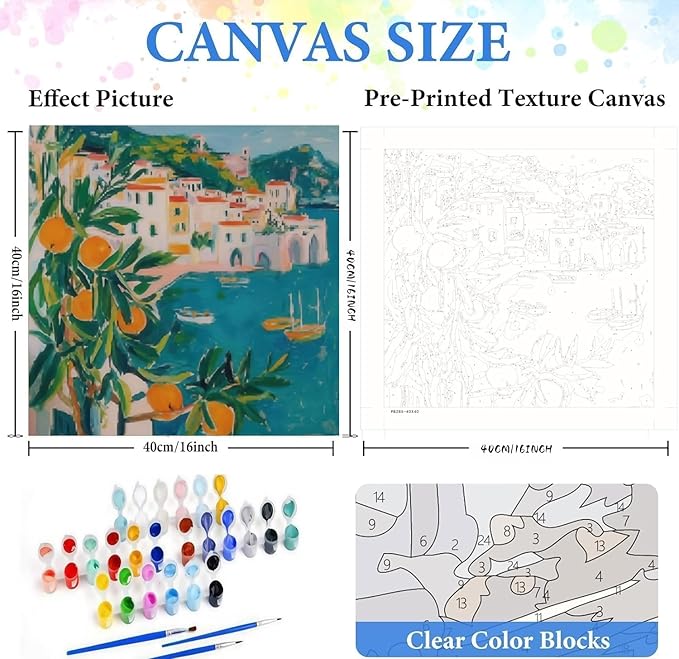 Paint by Numbers Kit for Adults Beginner,Tangerine Tree Paint by Number Kits on Canvas, DIY Easy Acrylic Mediterranean Scenery Watercolor Oil Painting by Numbers for Home Wall Decor 16X16inch