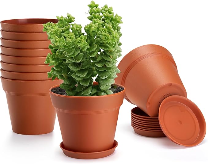 10 Pack Plastic Plant Pots with Drainage Holes and Tray, 5 inch Thickened Indoor Planters Seedlings Nursery Pots for Flowers, African Violet, Succulent and All House Plants, Terracotta