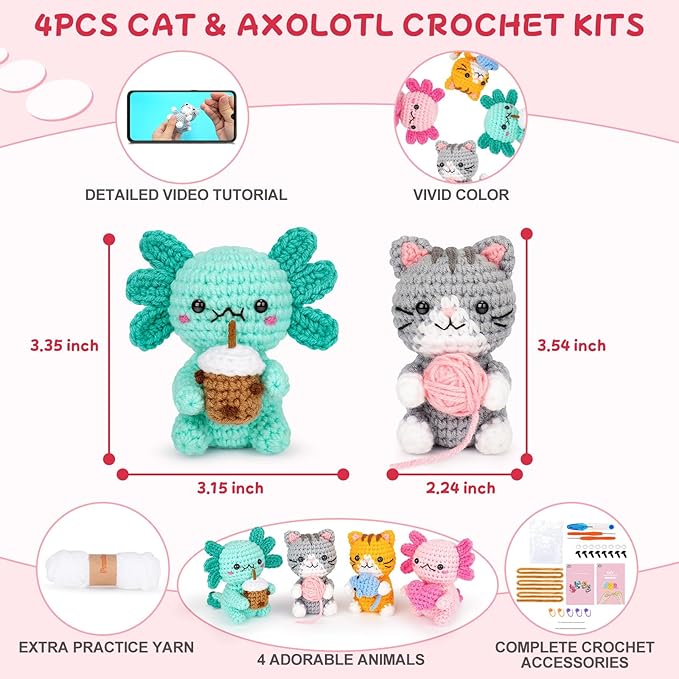 Fortuning's JDS Crochet Kit for Beginners, Axolotls & Cat Crochet Kit for Adults Beginner, Complete Crochet Animals Starter Kit with Step-by-Step Video Tutorials, Easy Knitting Kit Cat Crafts Gifts