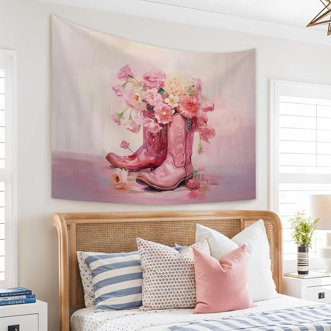 STHTTSW Floral Cowgirl Boot Tapestry, Preppy Pink Tapestries Wall Blanket, Girly Aesthetic Wall Hanging Decor for Teen Girl Women College Dorm Apartment Bedroom, 50x60 Inch