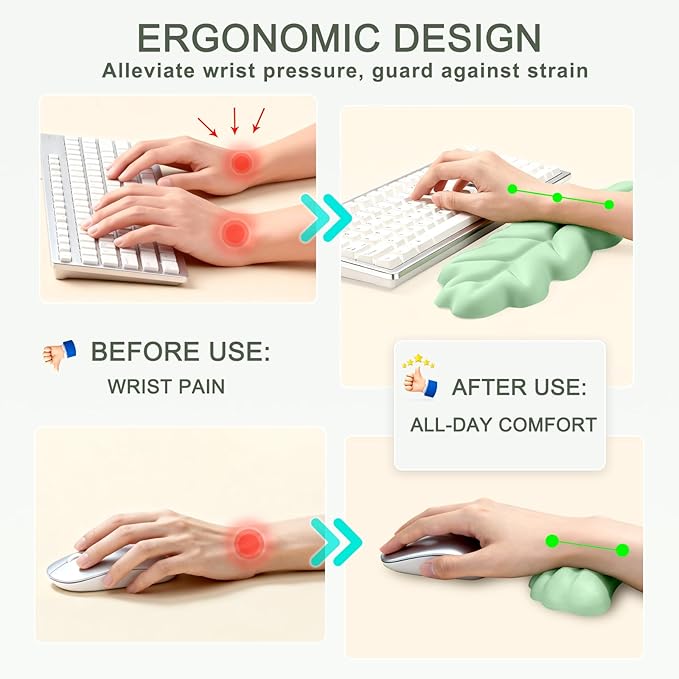 Ergonomic Leaf Keyboard and Mouse Wrist Rest Set, Extra Wide & Thick Memory Foam for Carpal Tunnel Pain Relief, Non-Slip Base, PC/Mac/Laptop, Gift for Office Work, Gaming