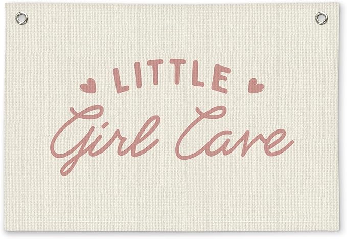 Pink Preppy Little Girl Cave Girls Room Decor - Linen Banner Wall Hanging Canvas Banner Flag Decor for Girly Nursery Toddler Playroom Bedroom Dorm Apartment