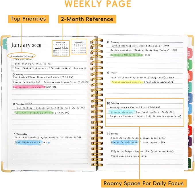 2026 Planner, A5 (6.3"x 8.5") Planner 2026 Jan-Dec, Monthly/Weekly/Daily Tabs with Contacts & Holidays, Hard Cover, Organizer for School and Business Supplies (Wheatear)
