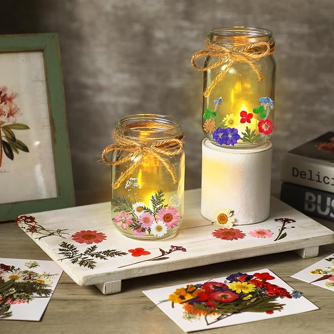 Tinideya 154 Pcs DIY Pressed Flowers Mason Jar Set Pressed Flower Lanterns 12 Mason Jar 140 Natural Real Dried Flower Centerpiece Making Favor for Christmas Wedding Candle Lantern Craft