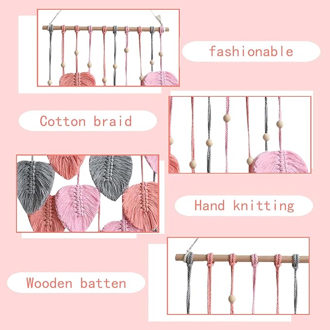 LB Macrame Wall Hanging Decor, Boho Chic Feather Wall Decor Macrame Photo Wall Hanging Handmade Yarn Woven Wall Art Pink Leaf Tapestry for Bedroom Living Room Nursery Office Backdrop, 16x35 Inch